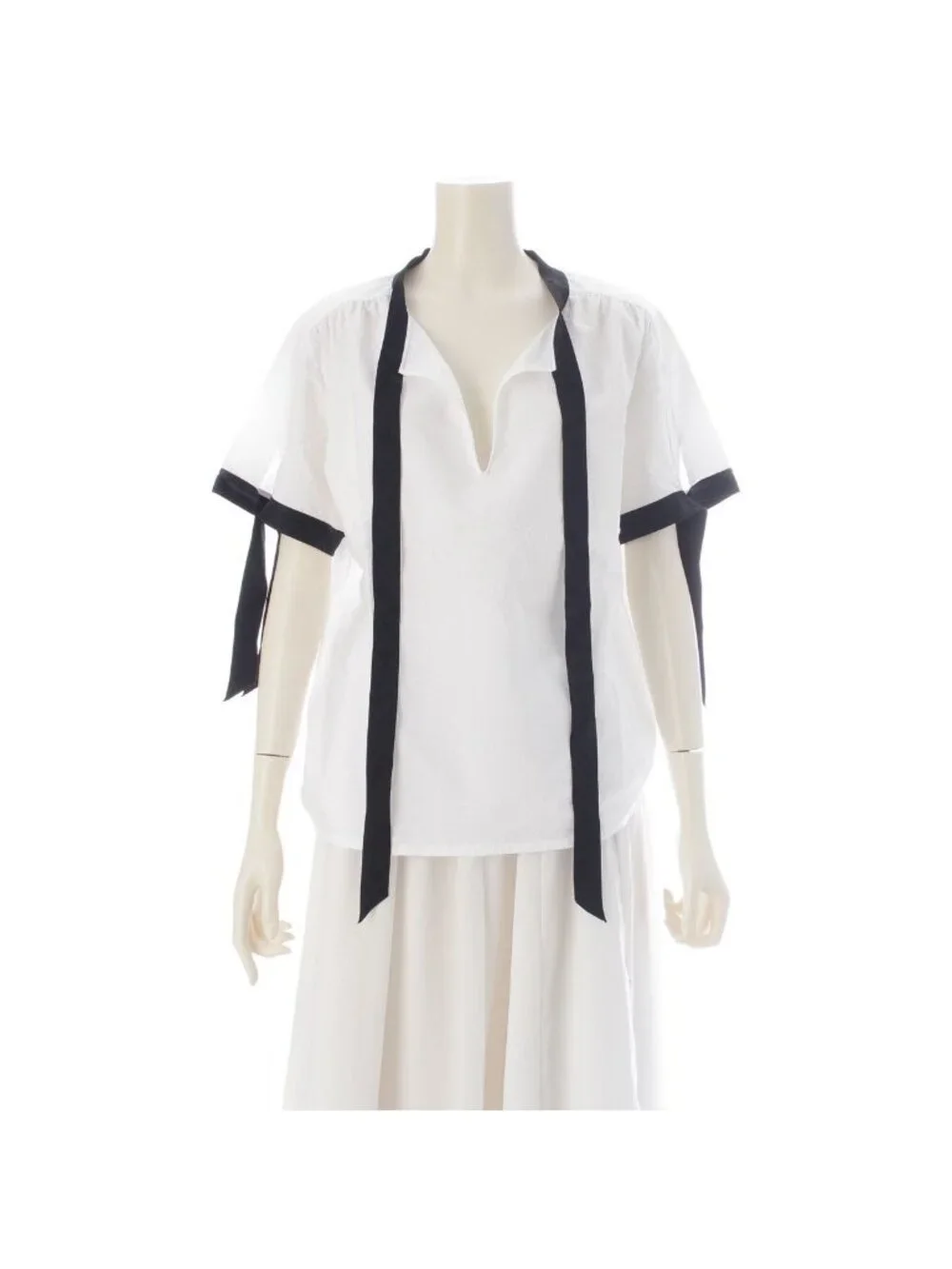 Chanel CC Logo Bow Tie Ribbon Short Sleeve Blouse Top Black White 38